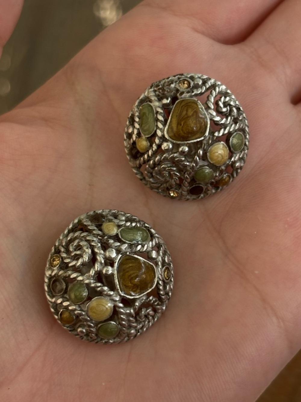 Vintage Oscar de la Renta Silver-Tone with Enamel CLIP Earrings